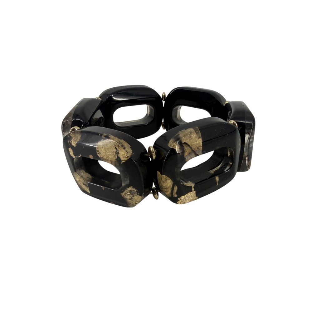 Black and Gold Leaf Resin Chunky Stretch Bracelet Statement Rectangular Link